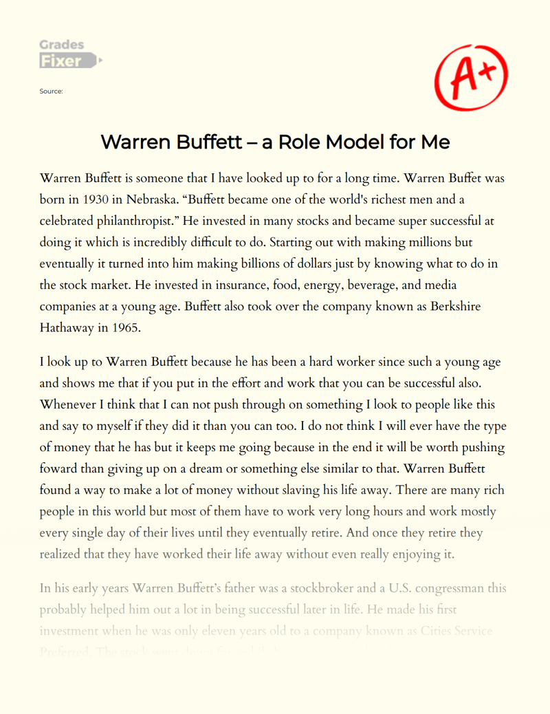 Warren Buffett – a Role Model for Me Essay