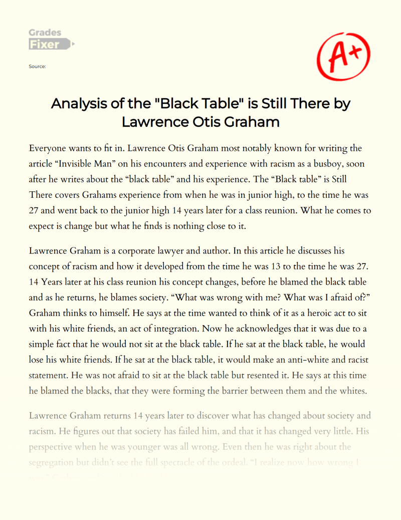 Analysis of The "Black Table" is Still There by Lawrence Otis Graham Essay