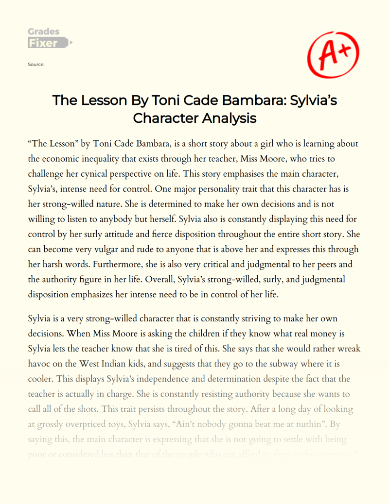 The Lesson by Toni Cade Bambara: Sylvia’s Character Analysis Essay