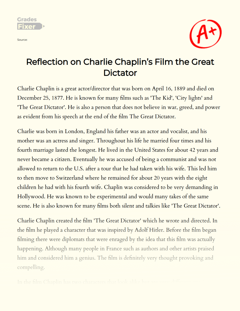 Reflection on Charlie Chaplin’s Film The Great Dictator Essay