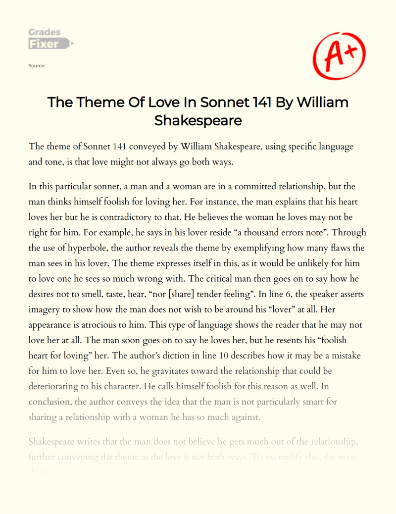 The Theme of Love in Sonnet 141 by William Shakespeare Essay
