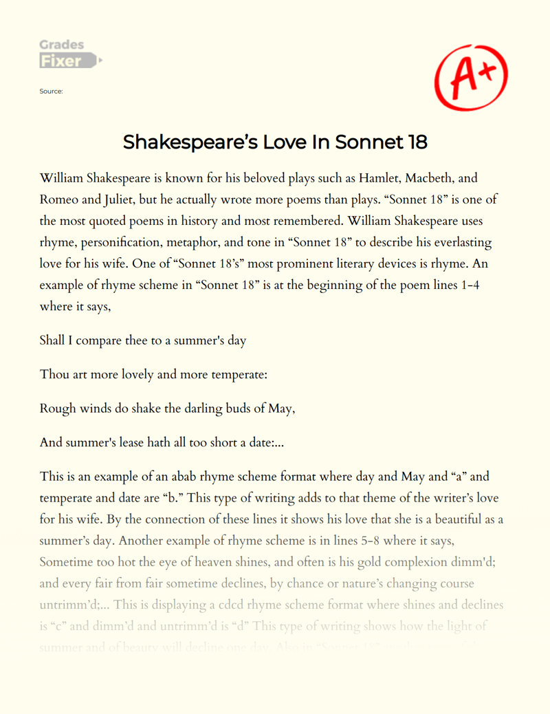 Shakespeare’s Love in Sonnet 18 Essay