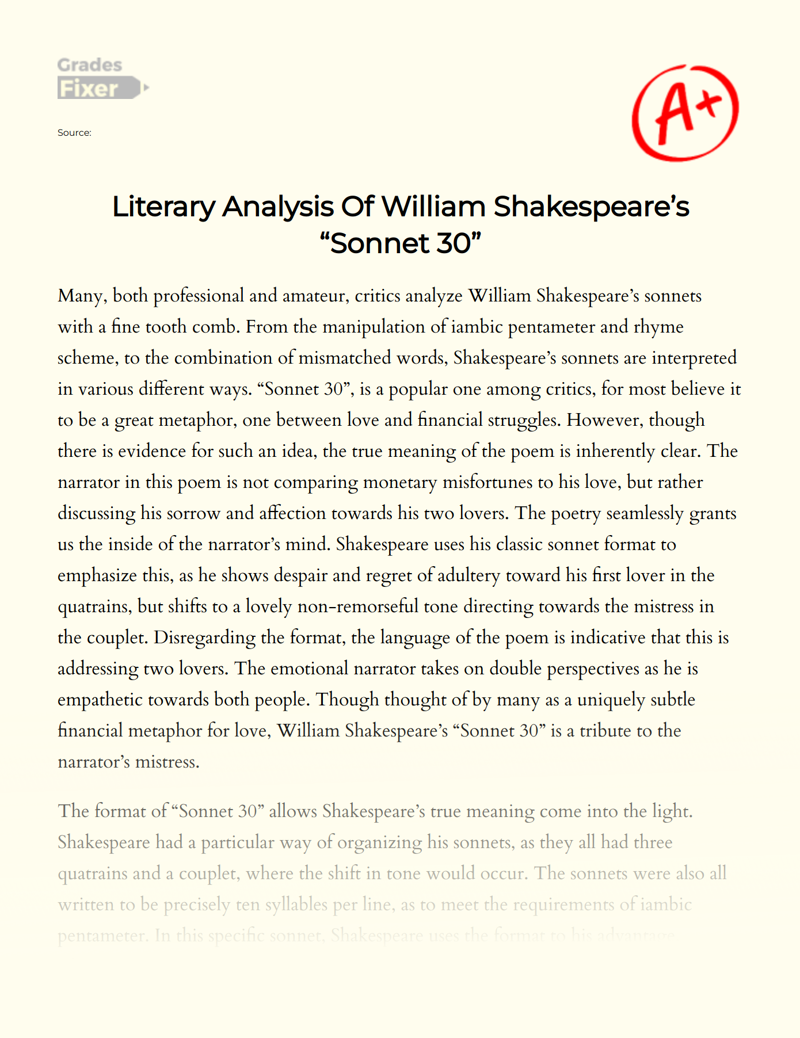 Literary Analysis of William Shakespeare’s "Sonnet 30" Essay