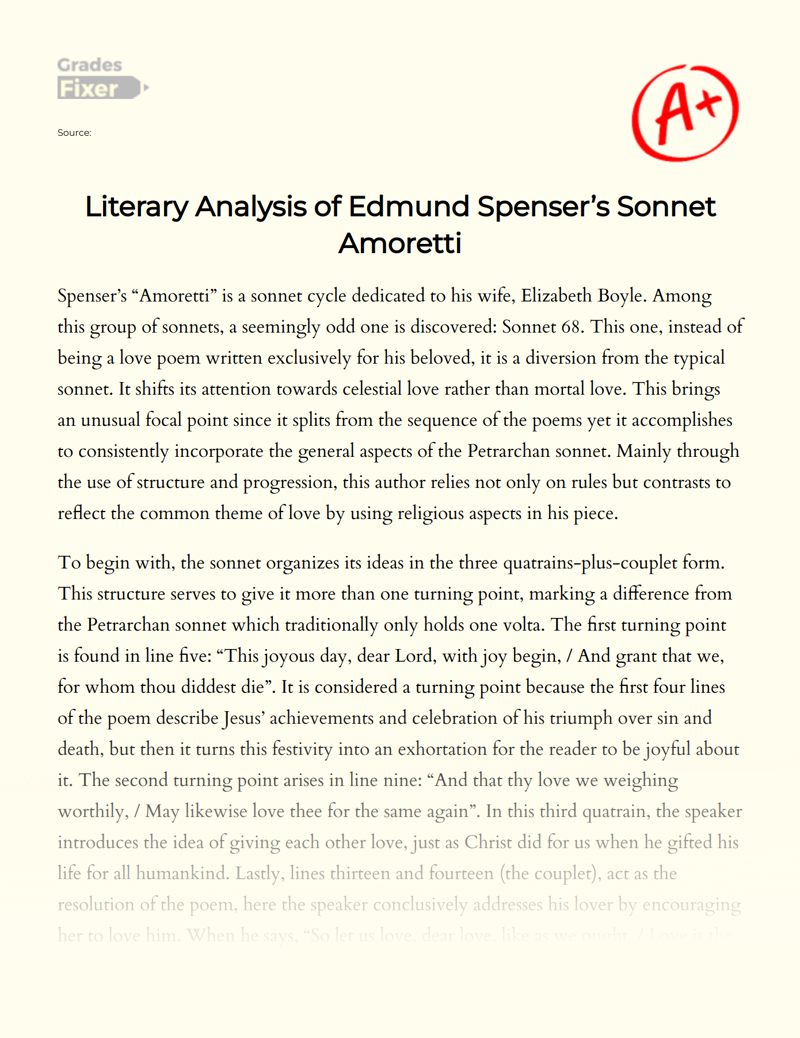 Literary Analysis of Edmund Spenser’s Sonnet Amoretti Essay
