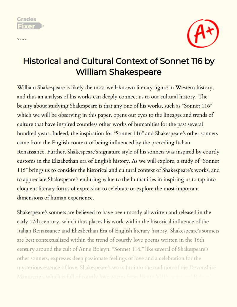 Historical and Cultural Context of Sonnet 116 by William Shakespeare Essay
