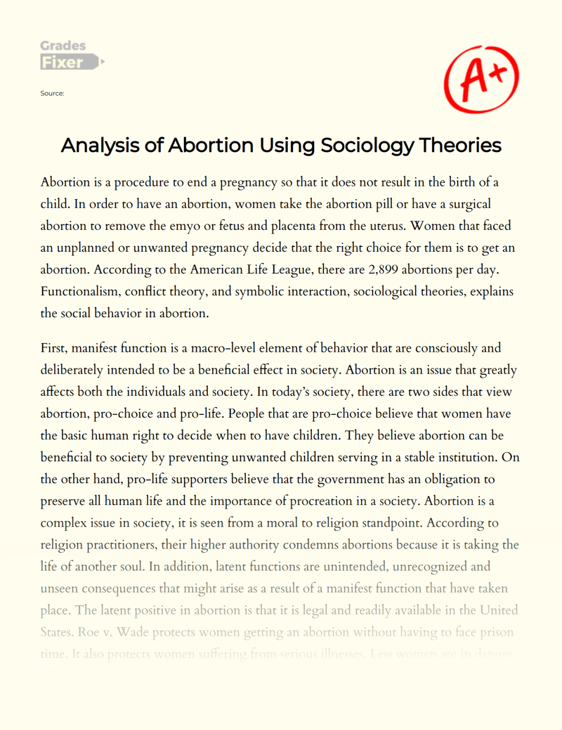 Analysis of Abortion Using Sociology Theories Essay
