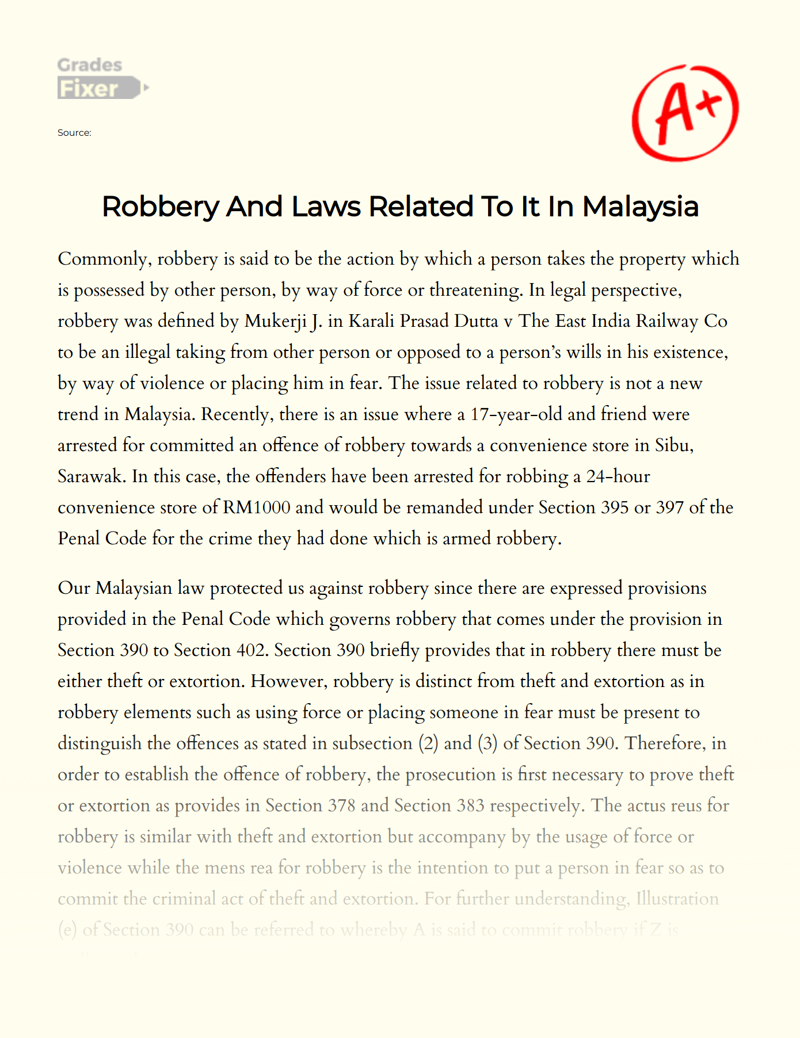 Robbery and Laws Related to It in Malaysia Essay