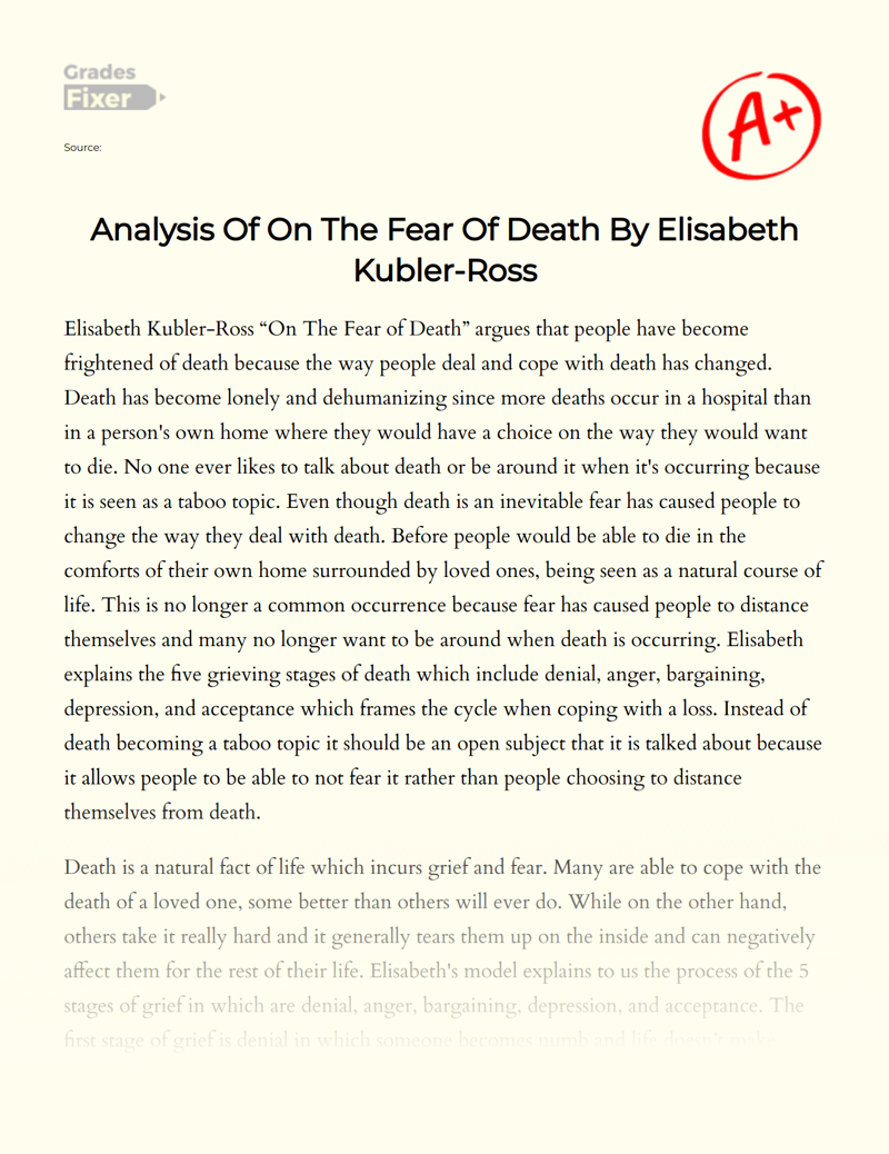 Analysis of on The Fear of Death by Elisabeth Kubler-ross Essay