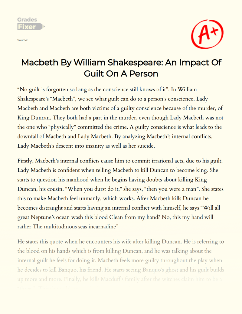 Macbeth by William Shakespeare: an Impact of Guilt on a Person Essay