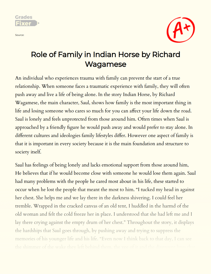 Role of Family in Indian Horse by Richard Wagamese Essay