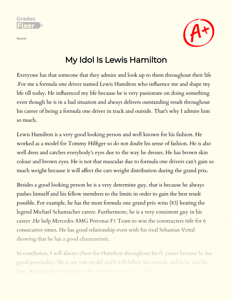 My Idol is Lewis Hamilton Essay
