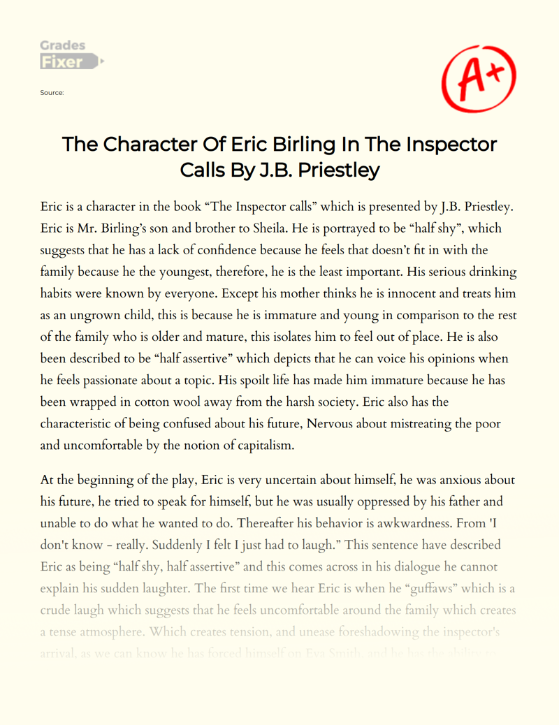 The Character of Eric Birling in The Inspector Calls by J.b. Priestley Essay