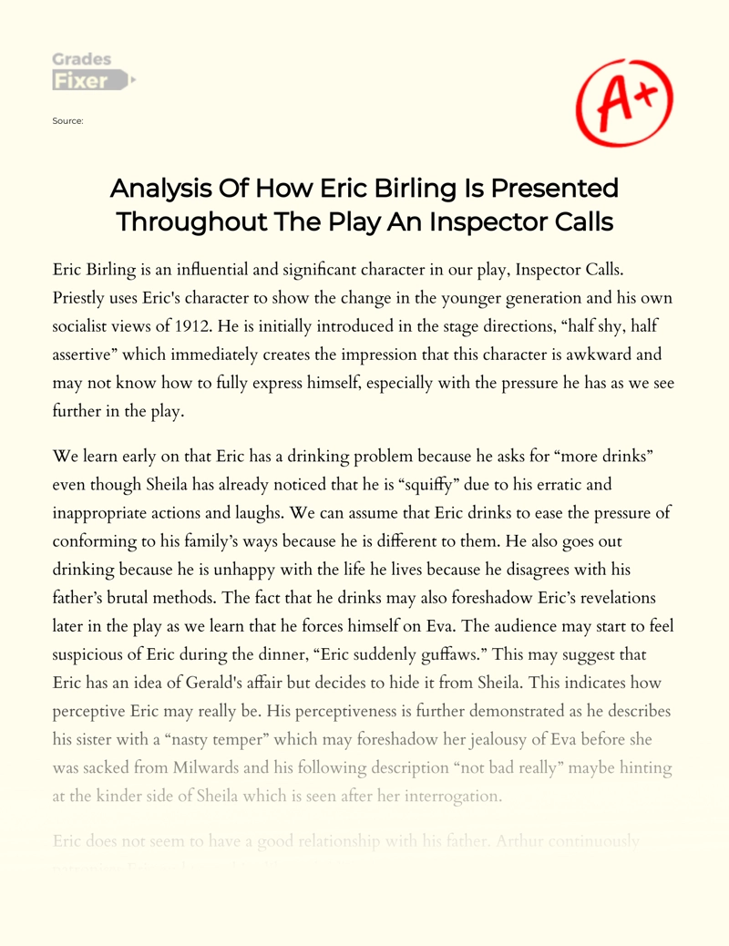 how is eric birling presented in an inspector calls essay