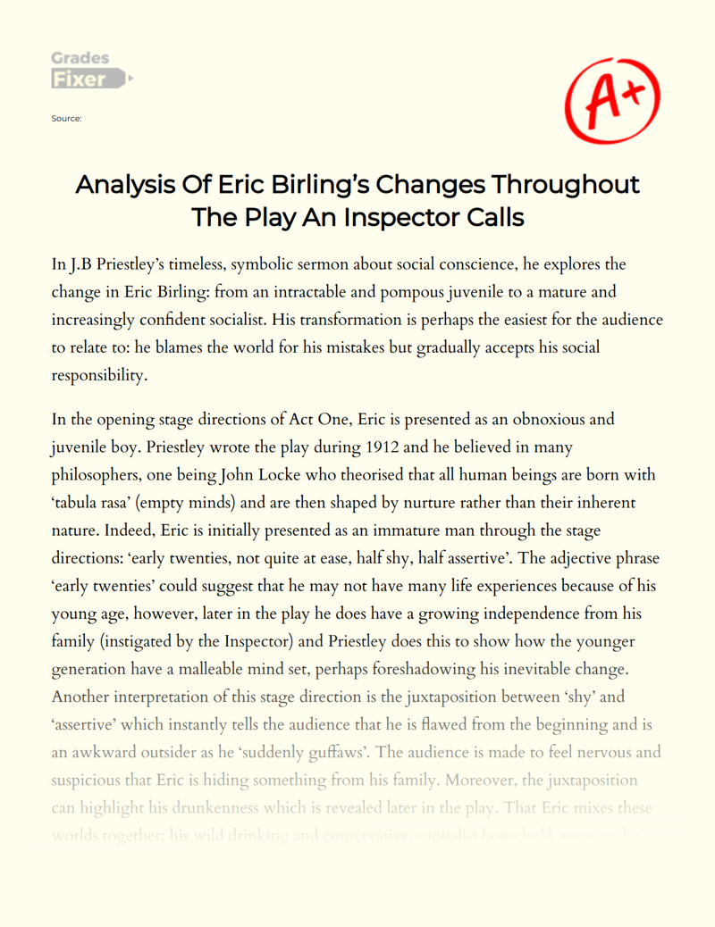 Analysis of Eric Birling’s Changes Throughout The Play an Inspector Calls Essay