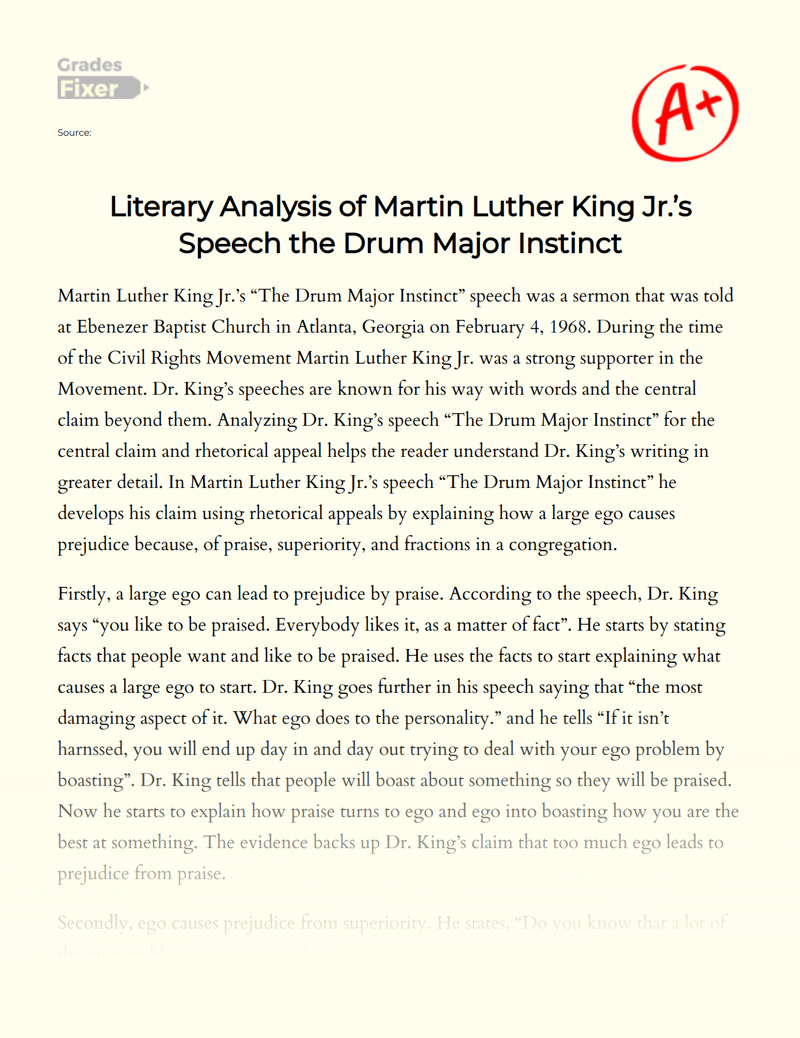 Literary Analysis of Martin Luther King Jr.’s Speech The Drum Major Instinct Essay
