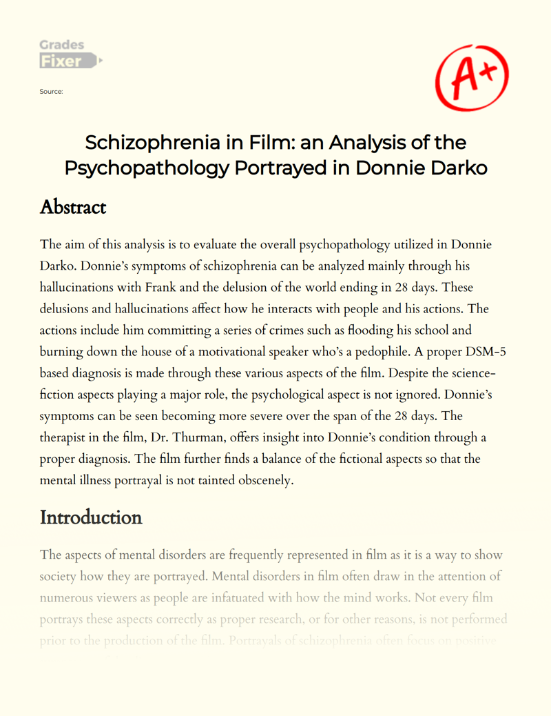 Schizophrenia in Film: an Analysis of The Psychopathology Portrayed in Donnie Darko Essay