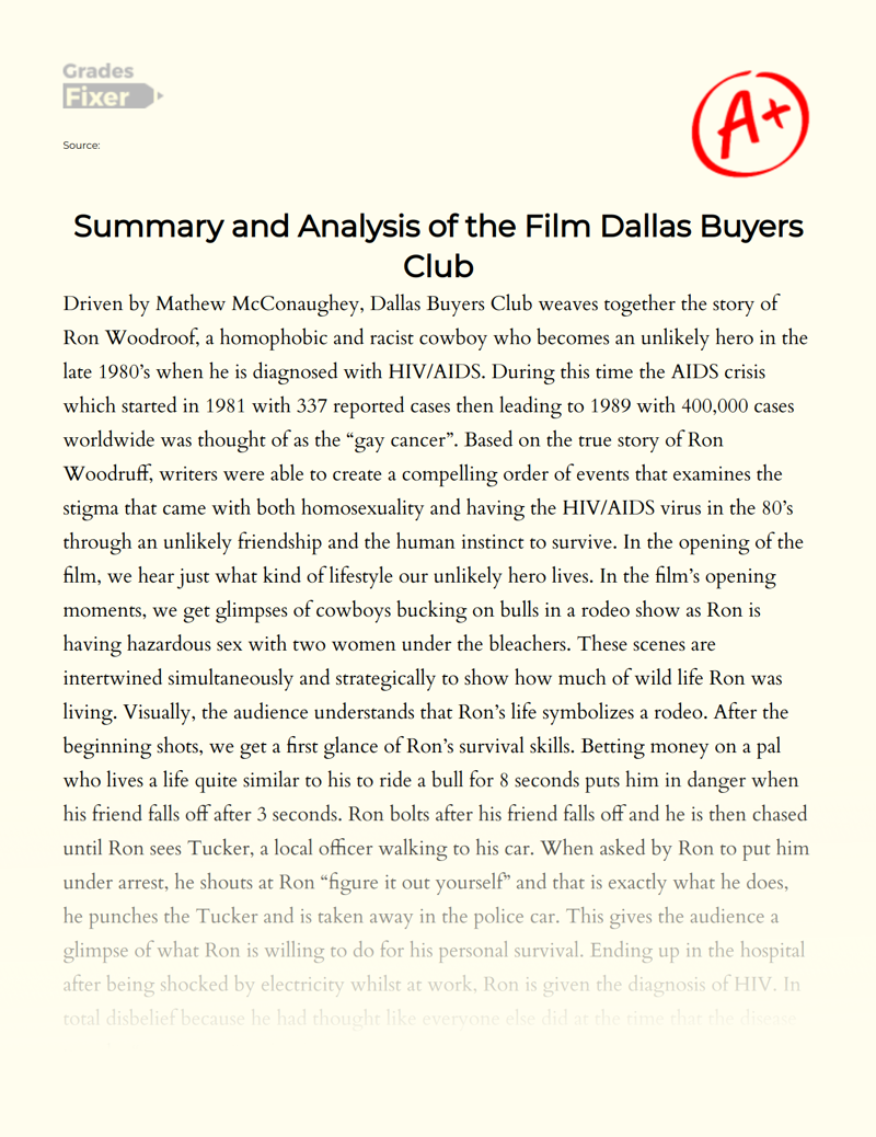 Summary and Analysis of The Film Dallas Buyers Club Essay