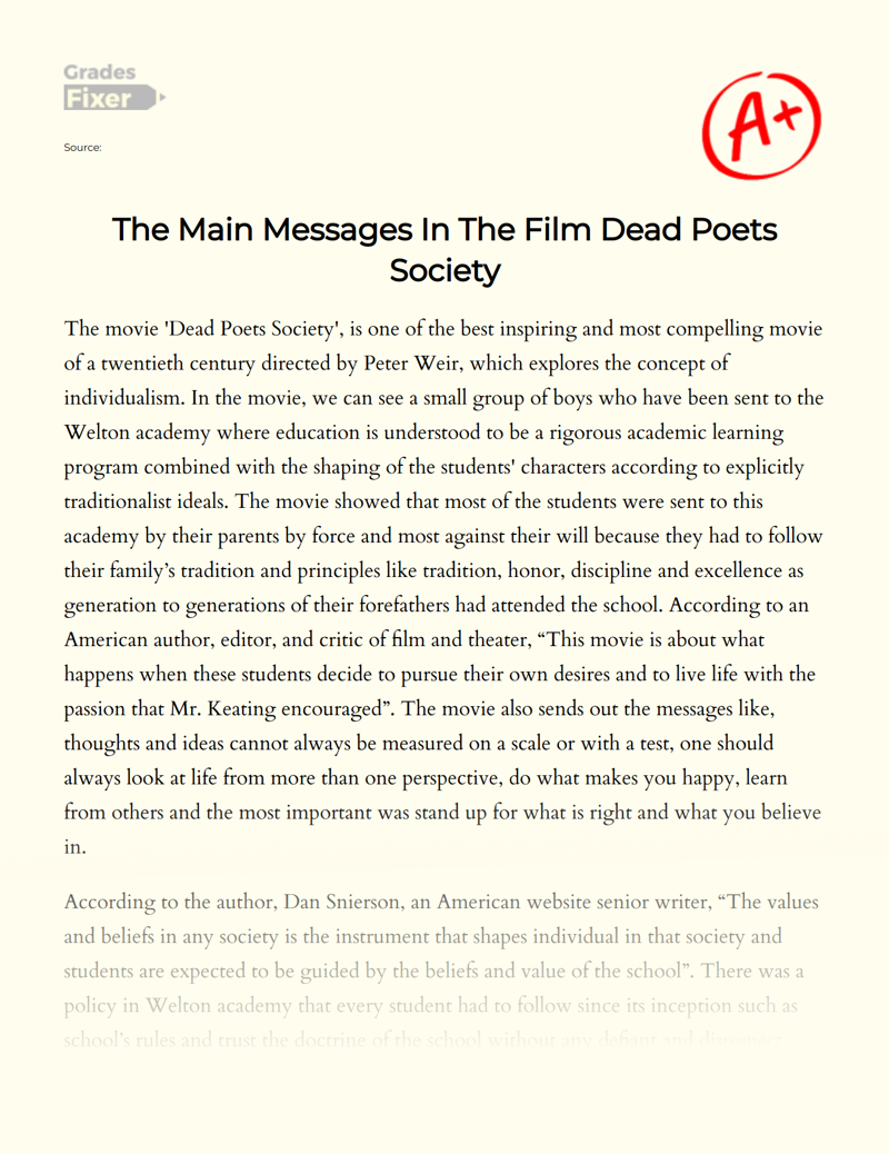 The Main Messages in The Film Dead Poets Society Essay