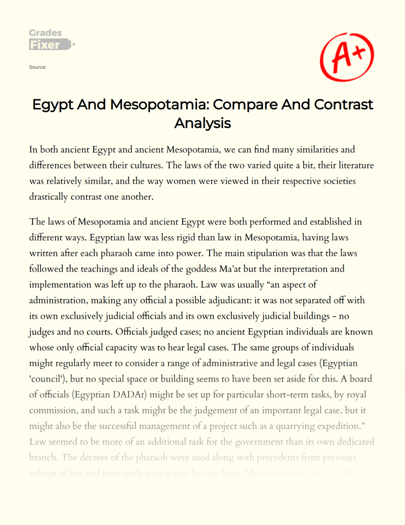 Egypt and Mesopotamia: Compare and Contrast Analysis Essay