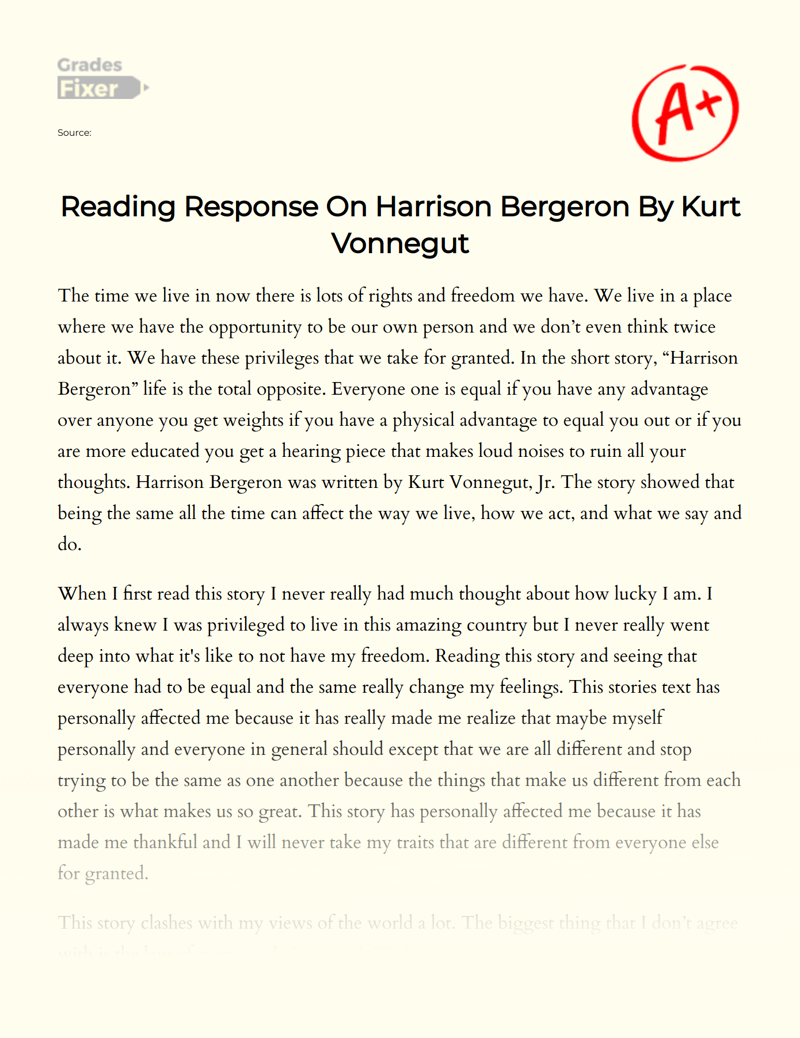 Reading Response on Harrison Bergeron by Kurt Vonnegut Essay