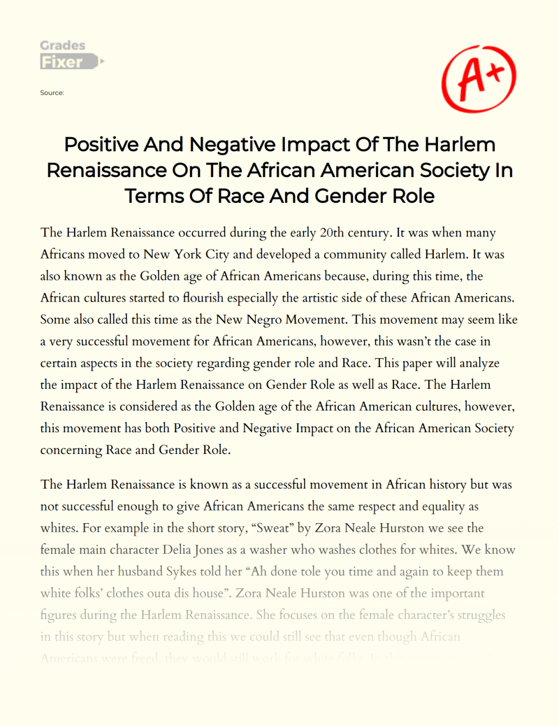 Positive and Negative Impact of The Harlem Renaissance on The African American Society in Terms of Race and Gender Role Essay