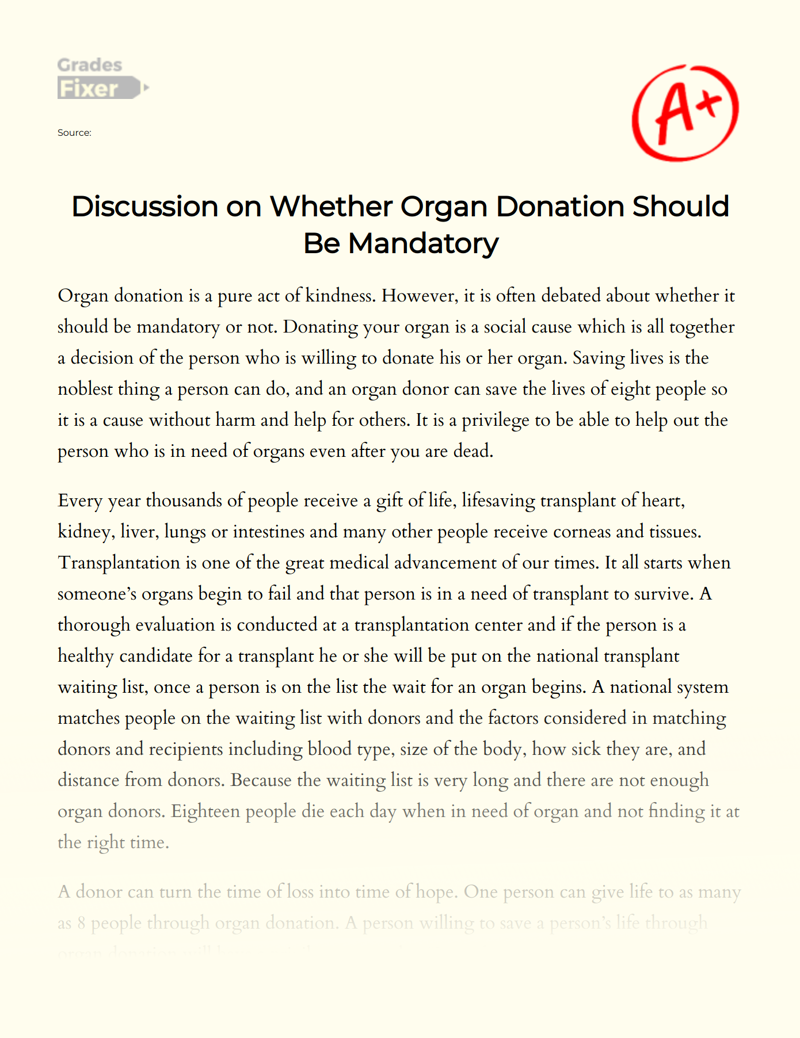 Discussion on Whether Organ Donation Should Be Mandatory Essay