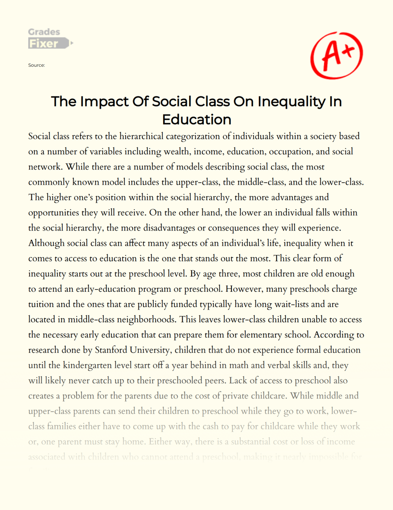 Social Inequality in Education: The Role of Social Class Essay