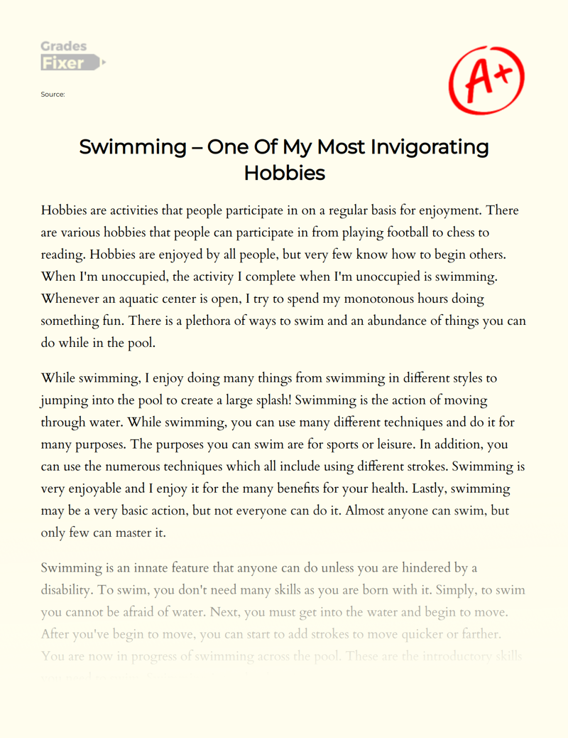 Swimming – One of My Most Invigorating Hobbies Essay
