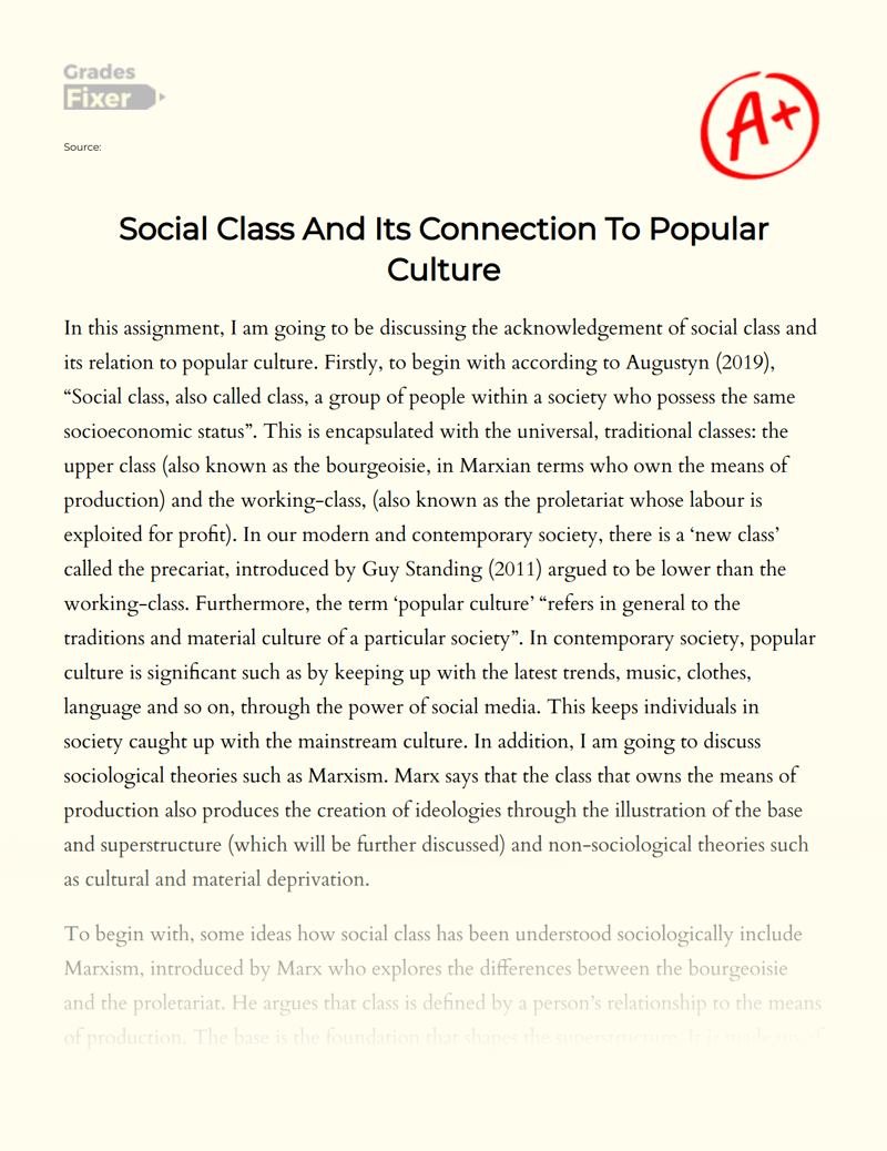 Social Class and Its Connection to Popular Culture Essay