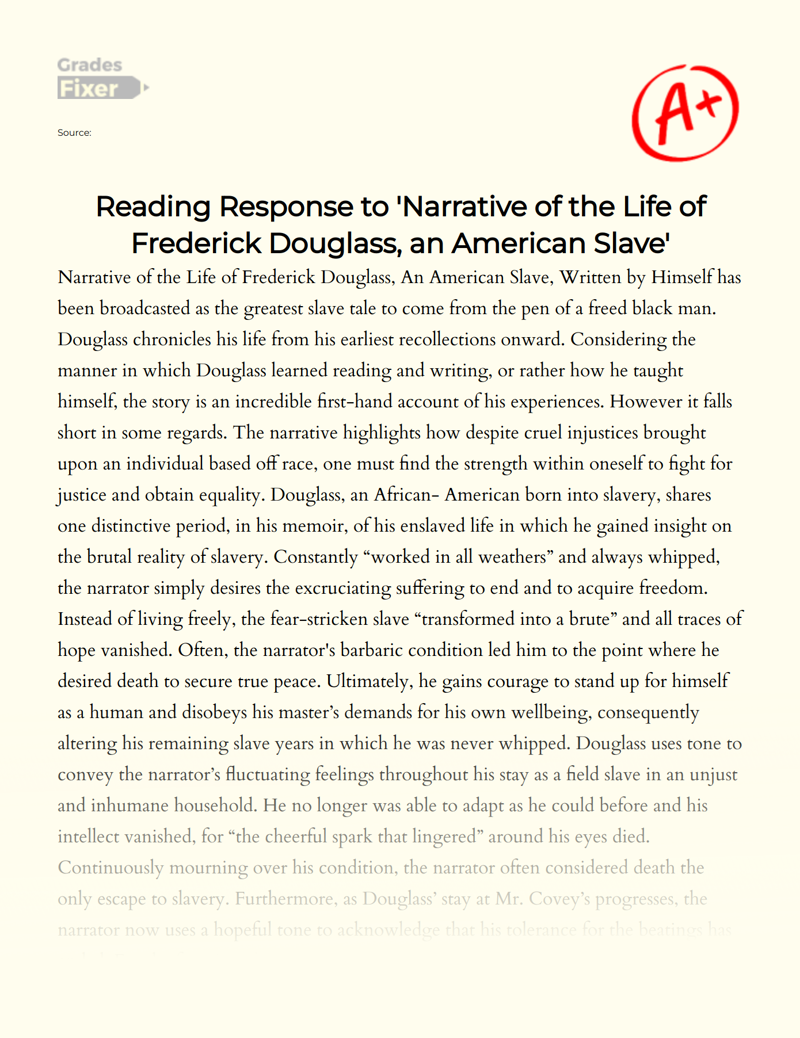 Reading Response to 'Narrative of The Life of Frederick Douglass, an American Slave' Essay