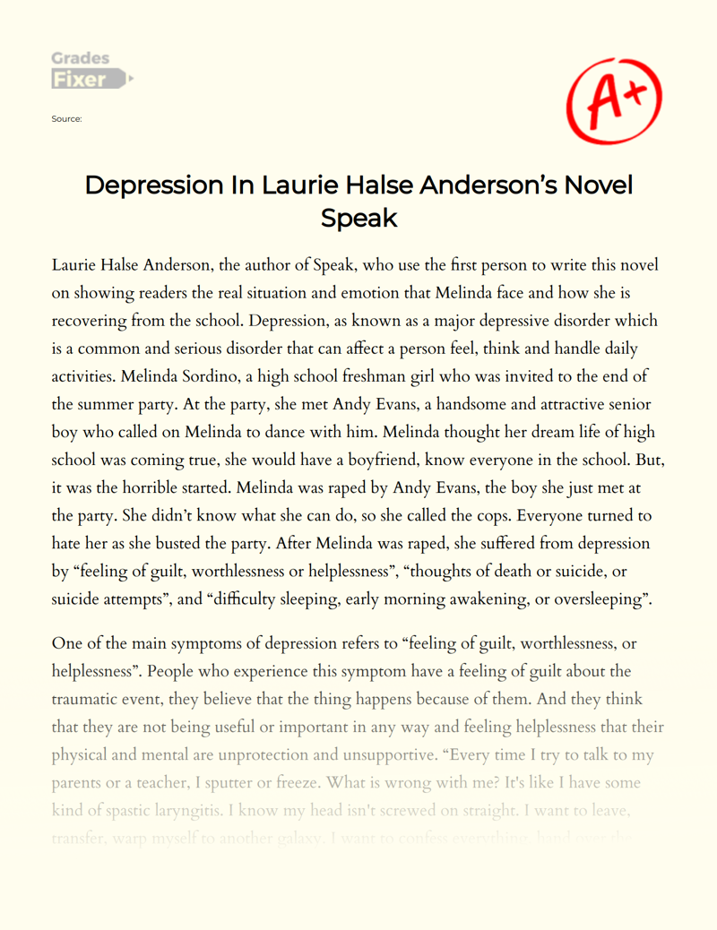 Depression in Laurie Halse Anderson’s Novel Speak Essay