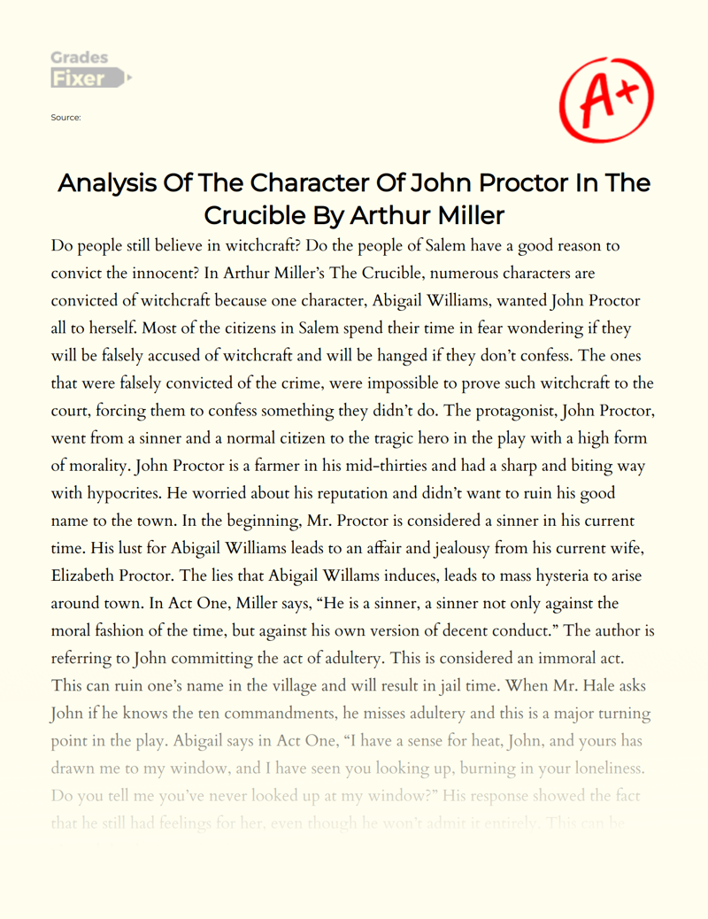 Analysis of The Character of John Proctor in The Crucible by Arthur Miller Essay