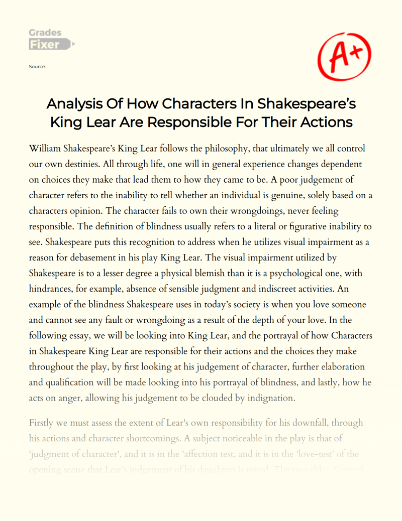 King Lear Character Analysis: Representation of Responsibility Essay