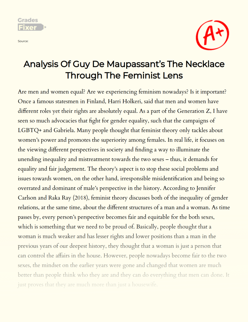 Analysis of Guy De Maupassant’s The Necklace Through The Feminist Lens Essay