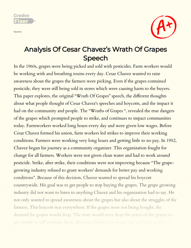 Analysis of Cesar Chavez’s Wrath of Grapes Speech Essay
