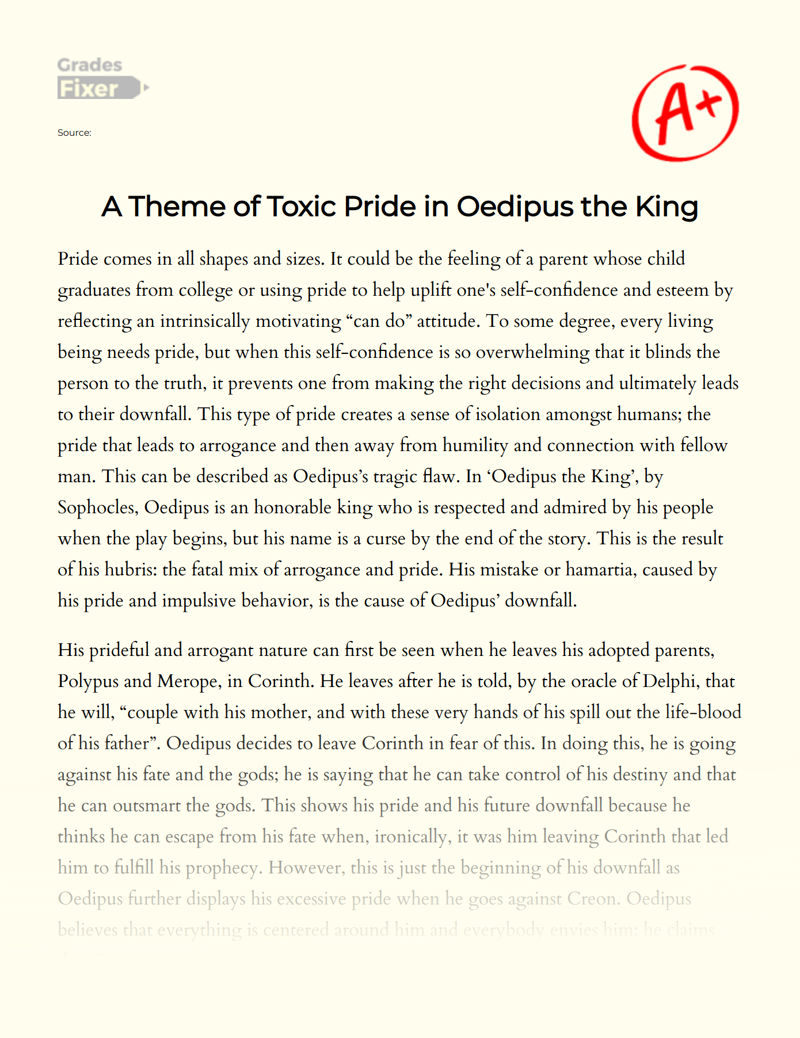 A Theme of Toxic Pride in Oedipus The King Essay