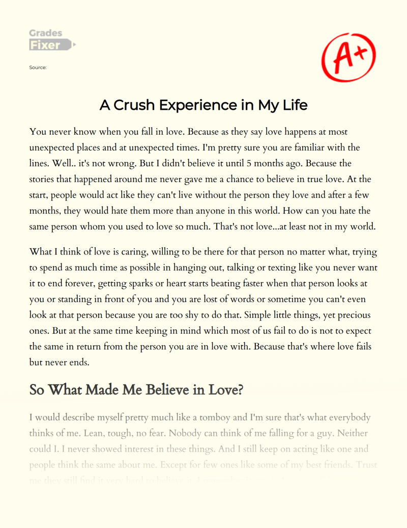 A Crush Experience in My Life: [Essay Example], 2033 words GradesFixer