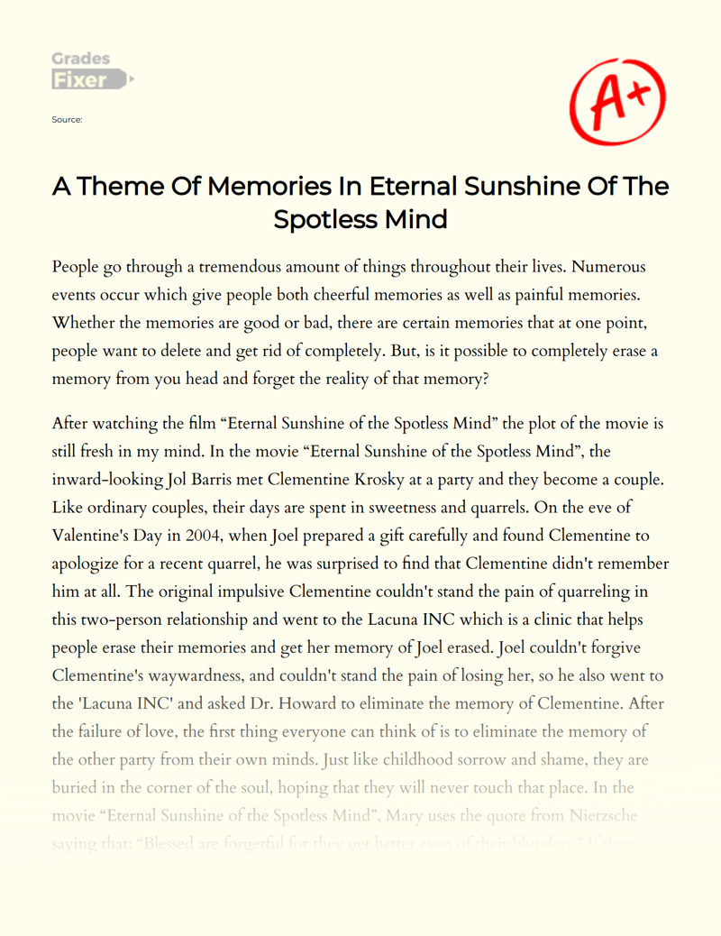 A Theme of Memories in Eternal Sunshine of The Spotless Mind Essay