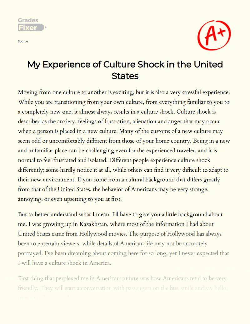 My Experience of Culture Shock in The United States Essay
