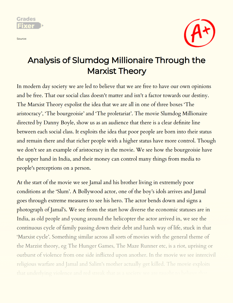Analysis of Slumdog Millionaire Through The Marxist Theory Essay