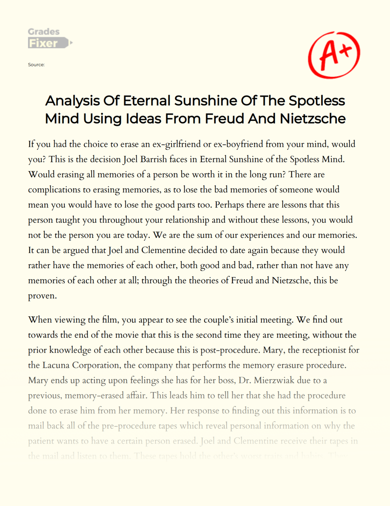 Analysis of Eternal Sunshine of The Spotless Mind Using Ideas from Freud and Nietzsche Essay