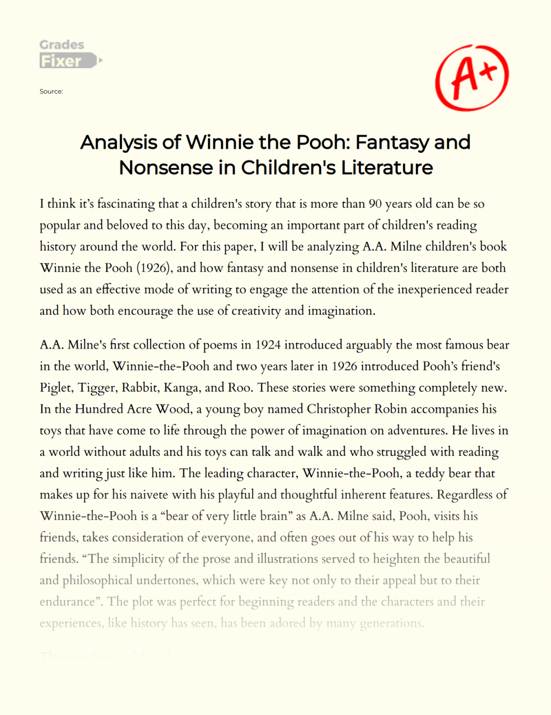 Analysis of Winnie The Pooh: Fantasy and Nonsense in Children's Literature Essay