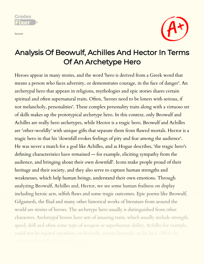 Analysis of Beowulf, Achilles and Hector in Terms of an Archetype Hero Essay