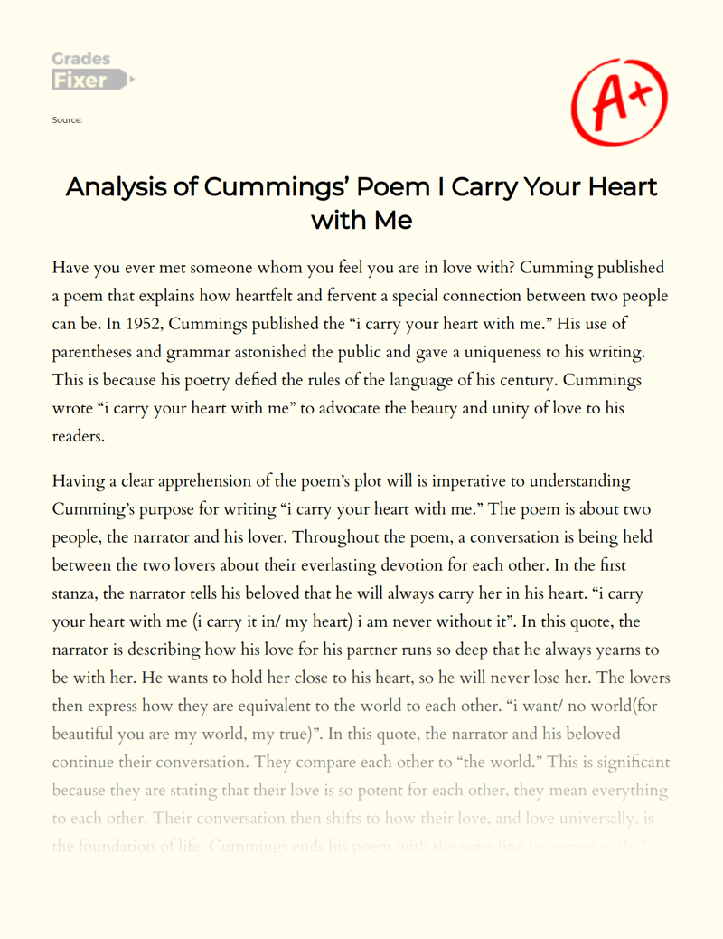 Analysis of Cummings’ Poem I Carry Your Heart with Me Essay