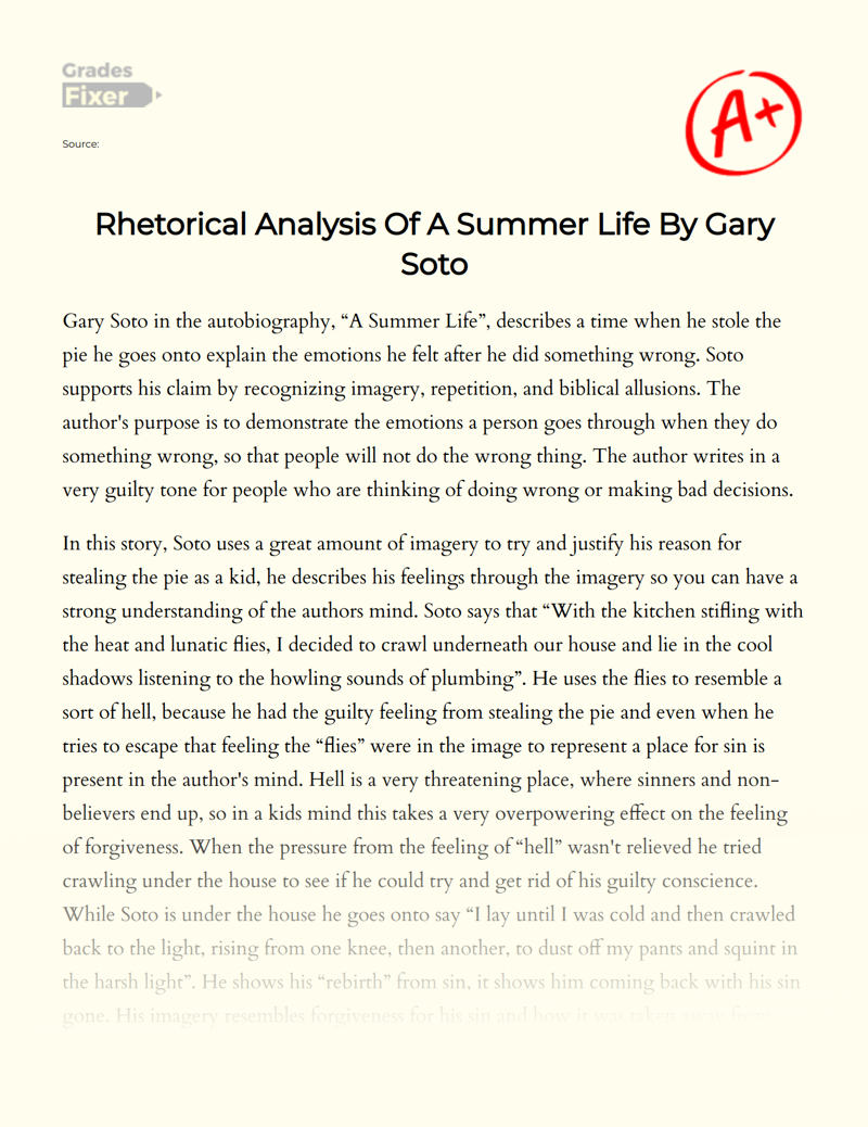 Rhetorical Analysis of a Summer Life by Gary Soto Essay