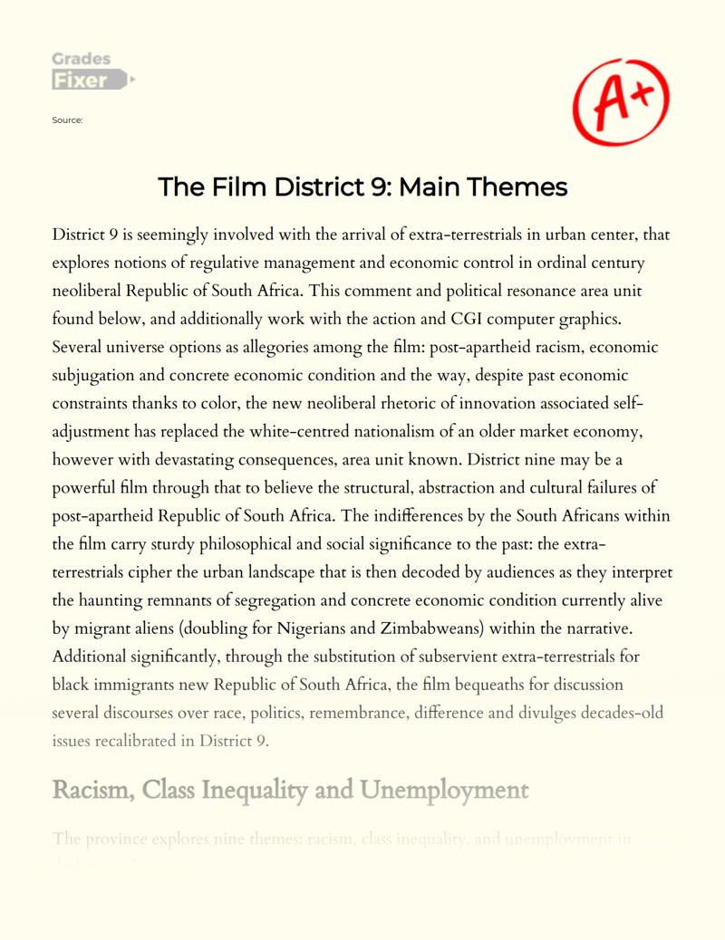 The Film District 9: Main Themes Essay