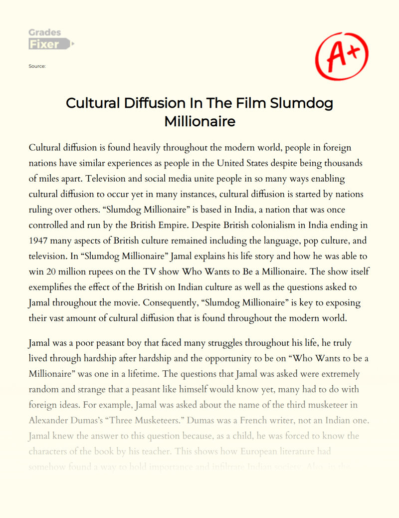 Cultural Diffusion in The Film Slumdog Millionaire Essay