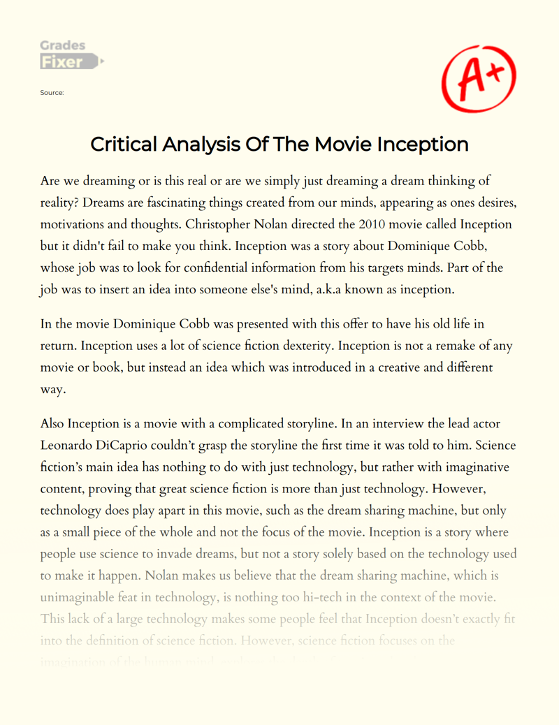 Critical Analysis of The Movie Inception Essay