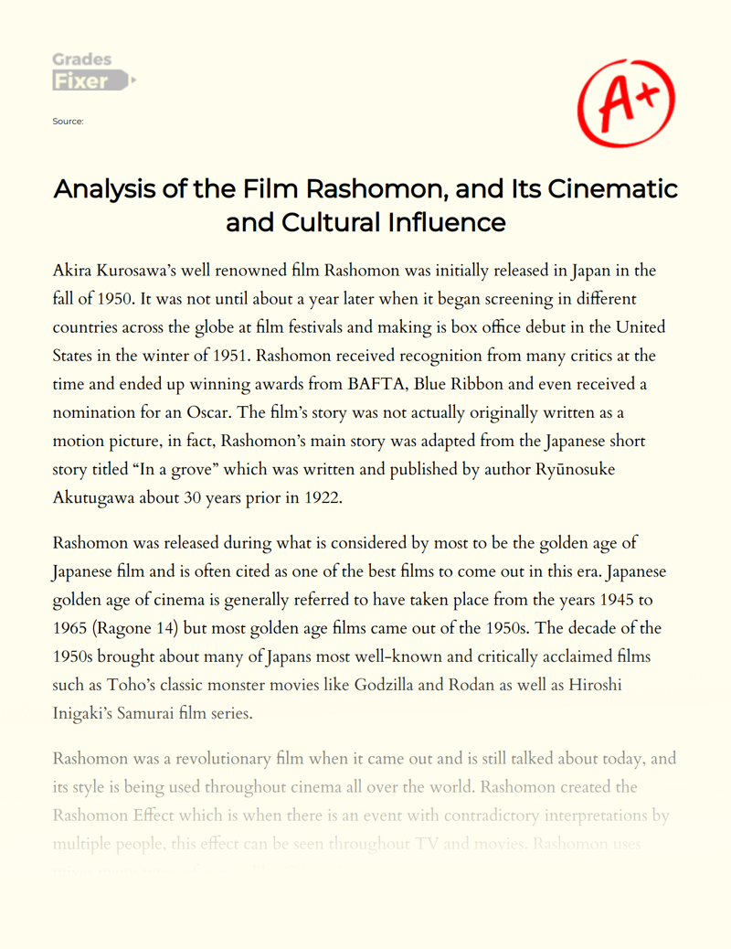 Analysis of The Film Rashomon, and Its Cinematic and Cultural Influence Essay