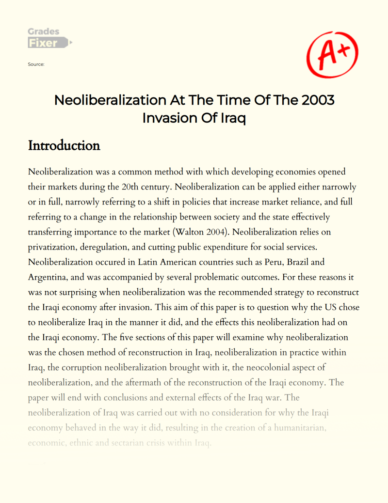The Neoliberalization of Iraq and Its Effects on The Iraqi Economy Essay